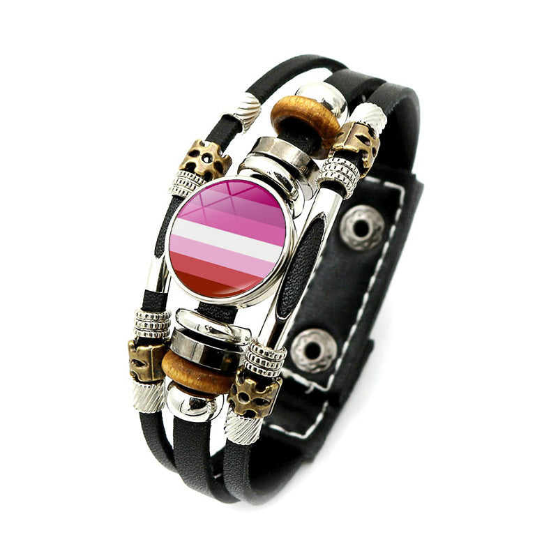 Pulsera de tejido de cuentas de cuero de cuero arcoiris al por mayor